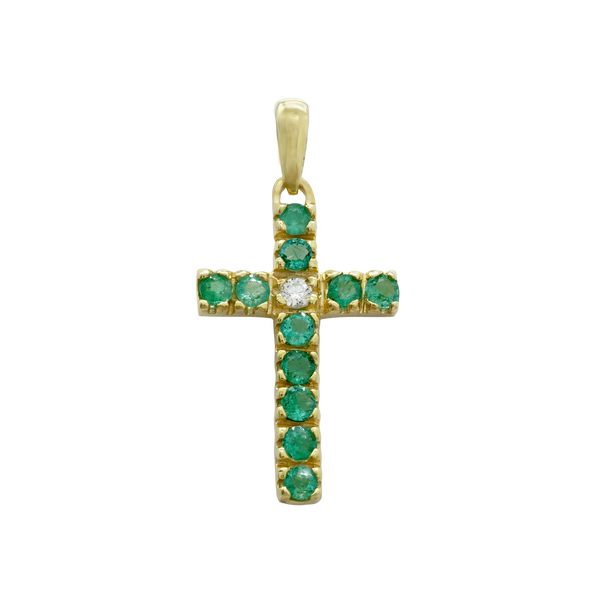 14K Yellow Gold Classic Cross Pendant with Diamonds and Emerald Stones (27 x 12 mm)