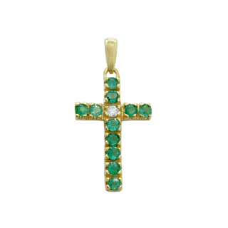 14K Yellow Gold Classic Cross Pendant with Diamonds and Emerald Stones (27 x 12 mm)