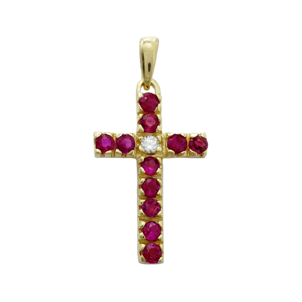 14K Yellow Gold Classic Cross Pendant with Diamonds and Ruby Stones (27 x 12 mm)