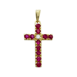 14K Yellow Gold Classic Cross Pendant with Diamonds and Ruby Stones (27 x 12 mm)