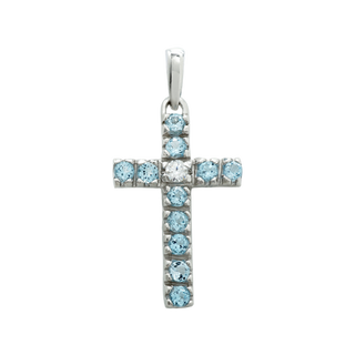 14K White Gold Classic Cross Pendant with Diamonds and Blue Topaz Stones (27 x 12 mm)