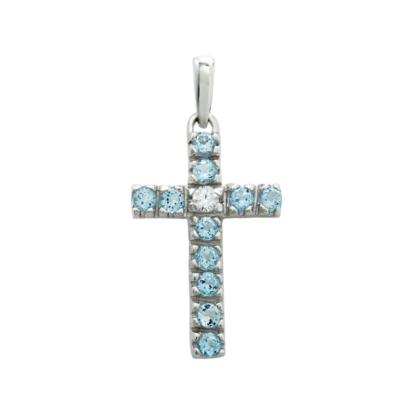 14K White Gold Classic Cross Pendant with Diamonds and Blue Topaz Stones (27 x 12 mm)