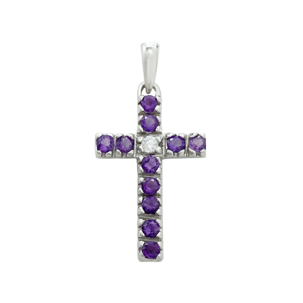 14K White Gold Classic Cross Pendant with Diamonds and Amethyst Stones (27 x 12 mm)