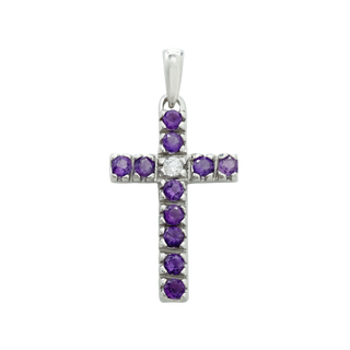 14K White Gold Classic Cross Pendant with Diamonds and Amethyst Stones (27 x 12 mm)