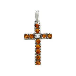 14K White Gold Classic Cross Pendant with Diamonds and Citrine Stones (27 x 12 mm)