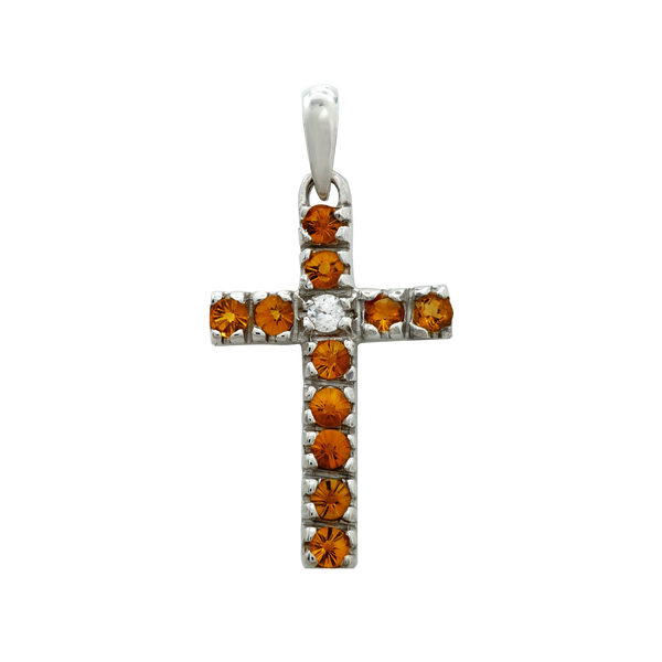 14K White Gold Classic Cross Pendant with Diamonds and Citrine Stones (27 x 12 mm)