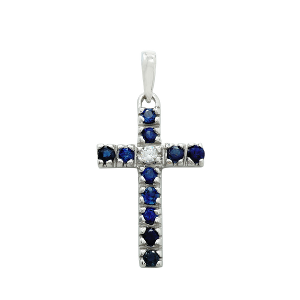 14K White Gold Classic Cross Pendant with Diamonds and Sapphire Stones (27 x 12 mm)