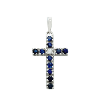 14K White Gold Classic Cross Pendant with Diamonds and Sapphire Stones (27 x 12 mm)