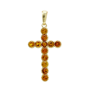 14K Yellow Gold Bezel Set Classic Cross Pendant with Citrine Stones (37 x 17 mm)