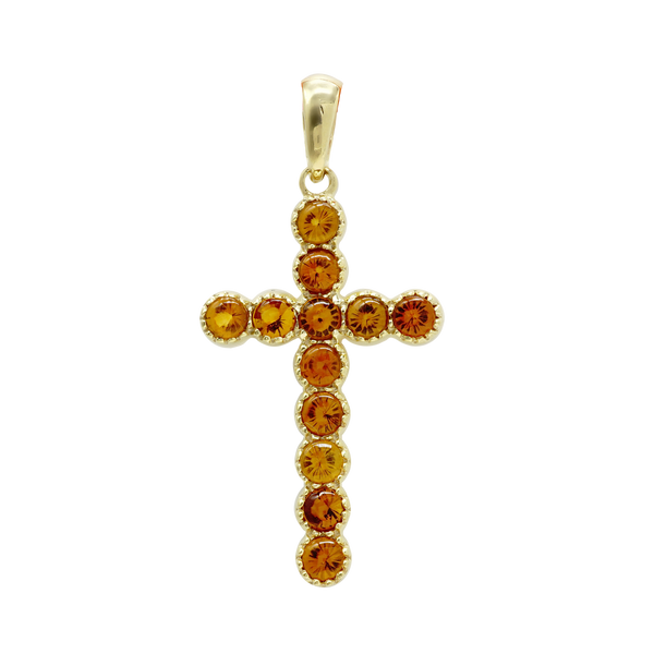 14K Yellow Gold Bezel Set Classic Cross Pendant with Citrine Stones (37 x 17 mm)