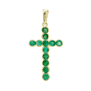 14K Yellow Gold Bezel Set Classic Cross Pendant with Emerald Stones (37 x 17 mm)