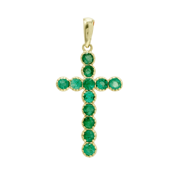 14K Yellow Gold Bezel Set Classic Cross Pendant with Emerald Stones (37 x 17 mm)