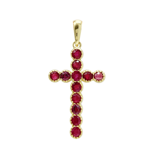 14K Yellow Gold Bezel Set Classic Cross Pendant with Ruby Stones (37 x 17 mm)