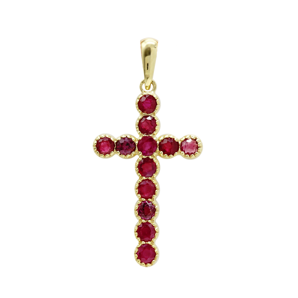 14K Yellow Gold Bezel Set Classic Cross Pendant with Ruby Stones (37 x 17 mm)