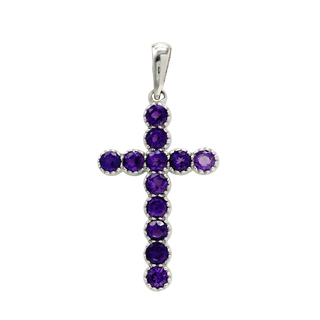 14K White Gold Bezel Set Classic Cross Pendant with Amethyst Stones (37 x 17 mm)