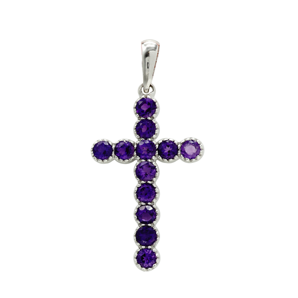 14K White Gold Bezel Set Classic Cross Pendant with Amethyst Stones (37 x 17 mm)