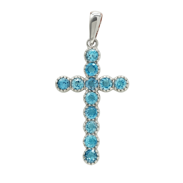 14K White Gold Bezel Set Classic Cross Pendant with Blue Topaz Stones (37 x 17 mm)