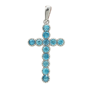 14K White Gold Bezel Set Classic Cross Pendant with Blue Topaz Stones (37 x 17 mm)