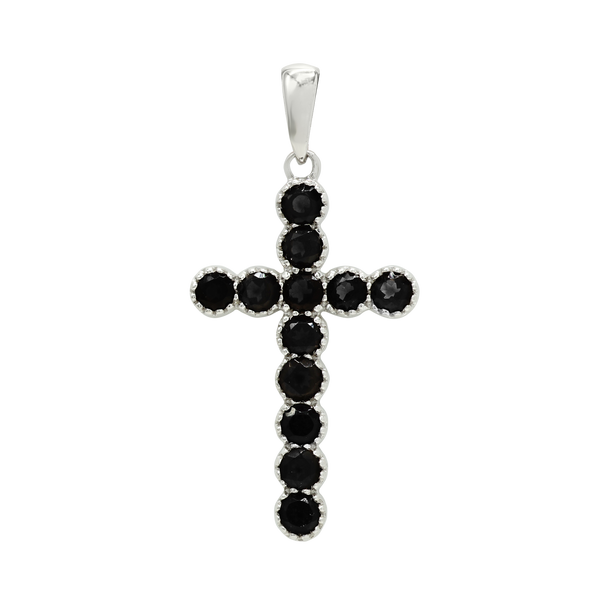 14K White Gold Bezel Set Classic Cross Pendant with Smokey Topaz Stones (37 x 17 mm)