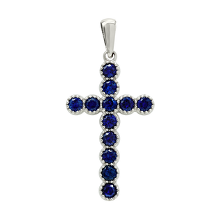 14K White Gold Bezel Set Classic Cross Pendant with Sapphire Stones (37 x 17 mm)