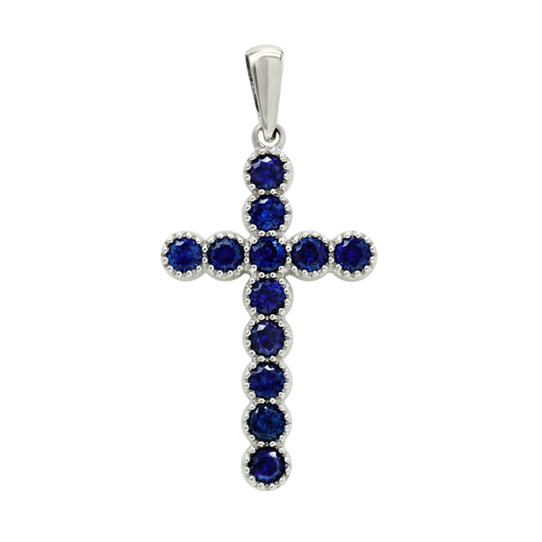 14K White Gold Bezel Set Classic Cross Pendant with Sapphire Stones (37 x 17 mm)