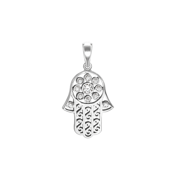 Hamsa Filigree Pendant with Diamonds in 14K Gold (30 x 18 mm)