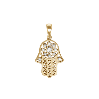 Hamsa Filigree Pendant with Diamonds in 14K Gold (30 x 18 mm)