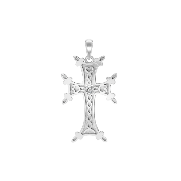 Sterling Silver Armenian Cross Pendant with Cubic Zirconia (45 x 24 mm)