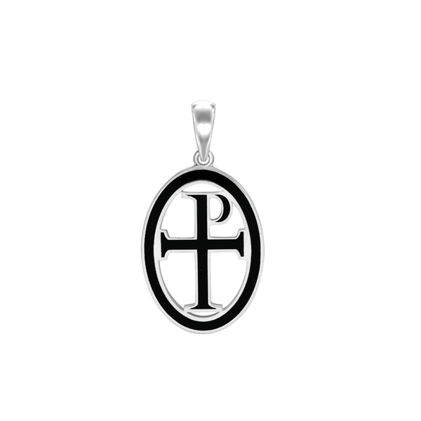 Sterling Silver Tau-Rho Cross Medallions with Black Enamel (34 x 19 mm)