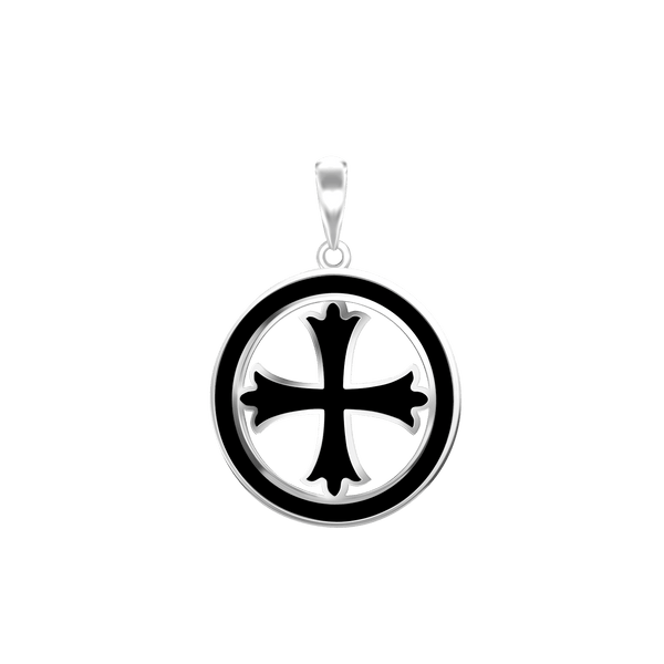 Sterling Silver Patonce Cross Medallions with Black Enamel (30 x 22 mm)