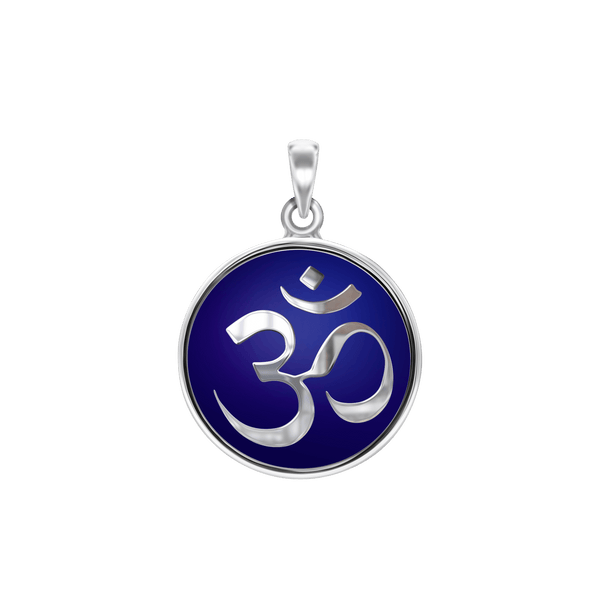 Sterling Silver Hindu Om Pendant with Dark Blue Enamel (26 x 19 mm)