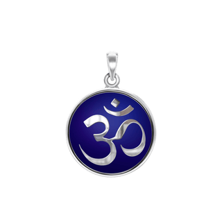 Sterling Silver Hindu Om Pendant with Dark Blue Enamel (26 x 19 mm)