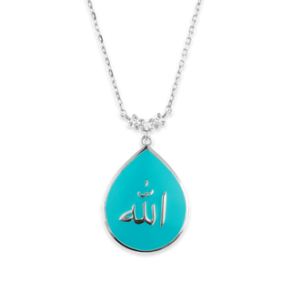 Sterling Silver Allah Pendant with Light Blue Enamel (25 x 16 mm)
