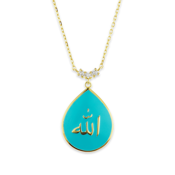 Sterling Silver Allah Pendant with Light Blue Enamel (25 x 16 mm)