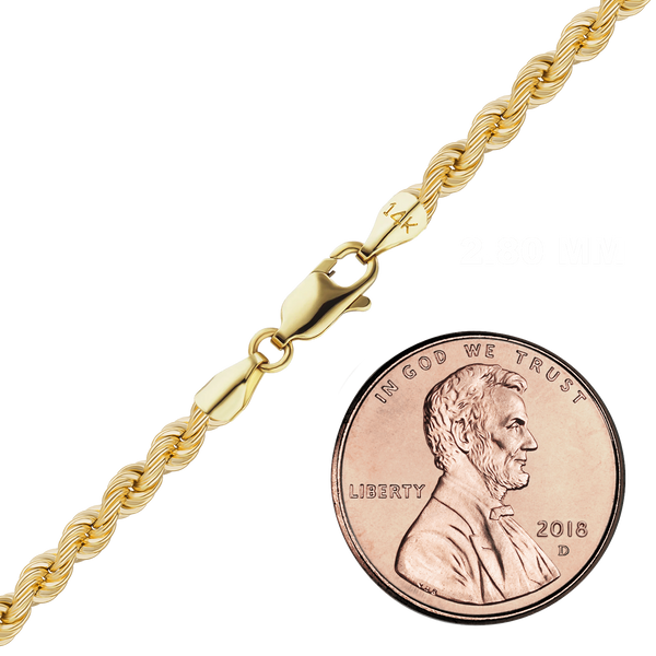 Finished Handmade Solid Rope Anklet in 14K Yellow Gold (2.20 mm - 12.60 mm)
