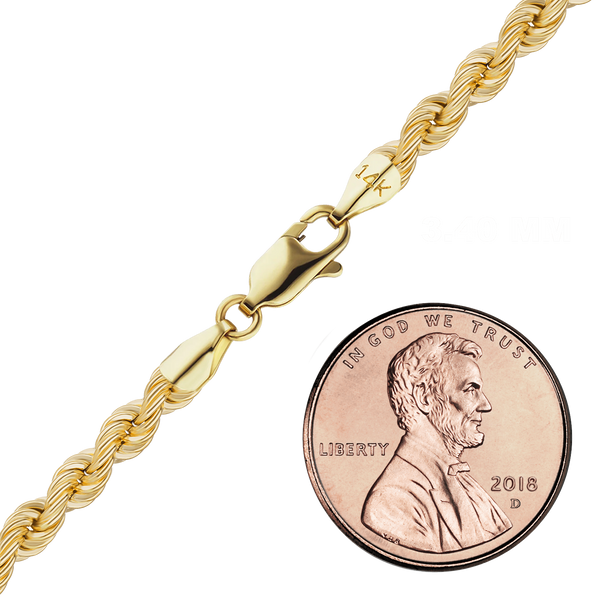 Finished Handmade Semi-Solid Rope Necklace in 14K Yellow Gold (2.20 mm - 4.20 mm)