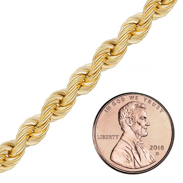 Bulk / Spooled Handmade Semi-Solid Rope Chain in 14K Yellow Gold (2.20 mm - 6.10 mm)