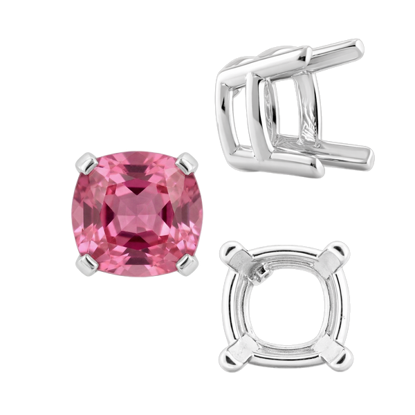 Four Prong Cushion Heavy Basket Settings in Sterling Silver (4.00 x 4.00 mm - 10.00 x 10.00 mm)