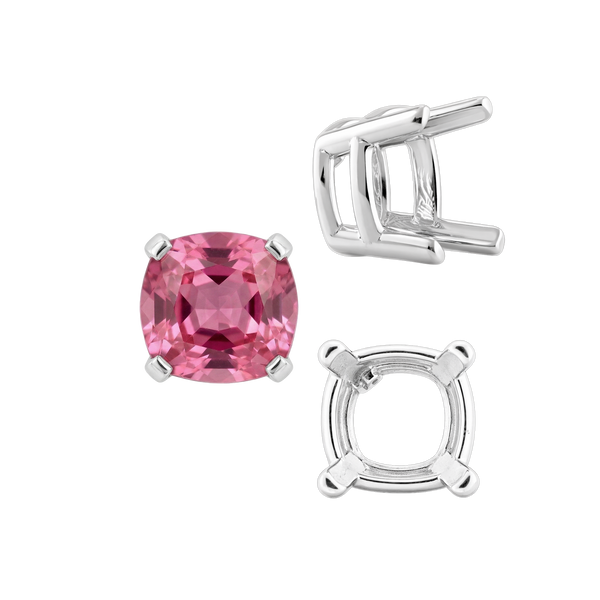 Four Prong Cushion Heavy Basket Settings in Sterling Silver (4.00 x 4.00 mm - 10.00 x 10.00 mm)