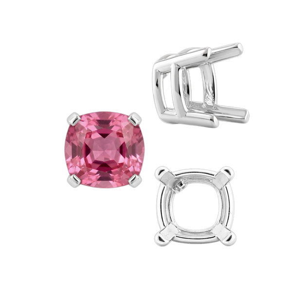 Four Prong Cushion Heavy Basket Settings in Sterling Silver (4.00 x 4.00 mm - 10.00 x 10.00 mm)