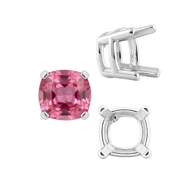 Four Prong Cushion Heavy Basket Settings in Sterling Silver (4.00 x 4.00 mm - 10.00 x 10.00 mm)