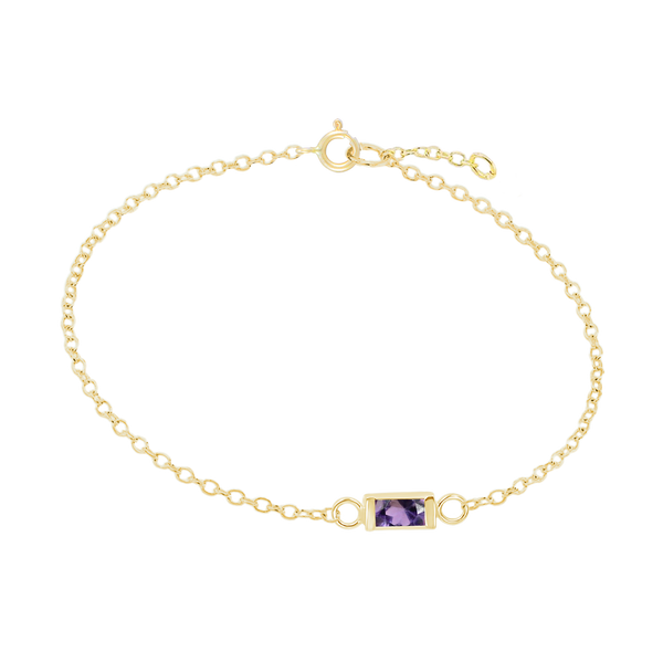 Diamond or Gemstone Baguette Bezel Charm in 14K Yellow Diamond Cut Cable Bracelet