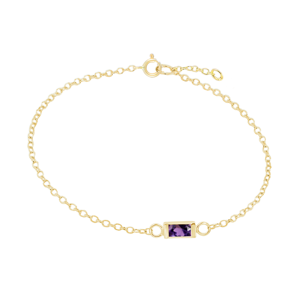 Diamond or Gemstone Baguette Bezel Charm in 14K Yellow Diamond Cut Cable Bracelet