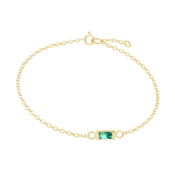 Diamond or Gemstone Baguette Bezel Charm in 14K Yellow Round Cable Bracelet