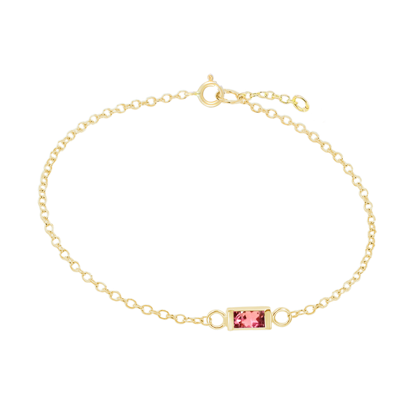 Diamond or Gemstone Baguette Bezel Charm in 14K Yellow Diamond Cut Cable Bracelet