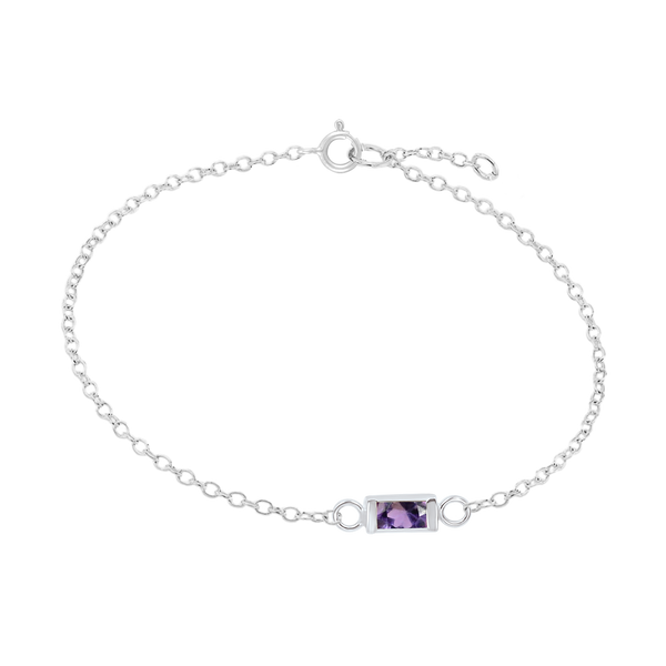 Diamond or Gemstone Baguette Bezel Charm in 14K White Round Cable Bracelet