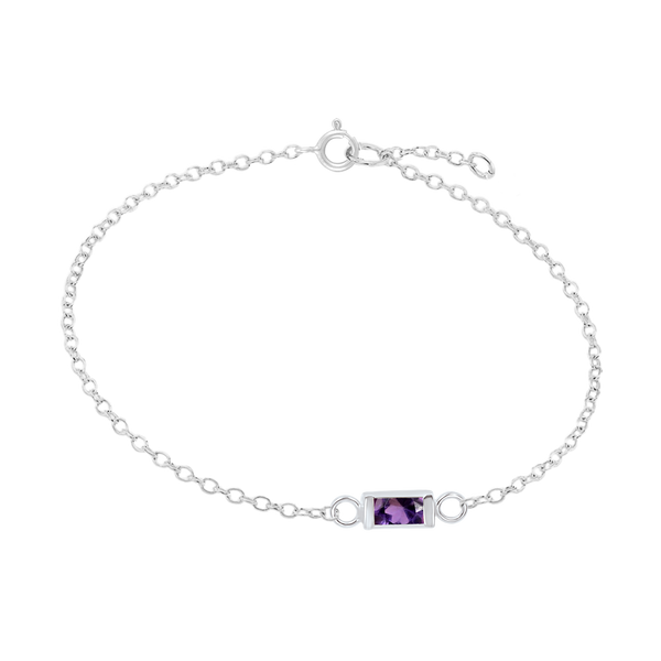 Diamond or Gemstone Baguette Bezel Charm in 14K White Diamond Cut Cable Bracelet