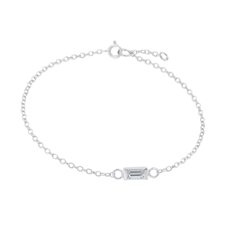 Diamond or Gemstone Baguette Bezel Charm in 14K White Diamond Cut Cable Bracelet