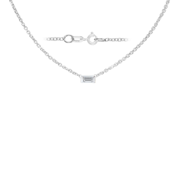 Diamond or Gemstone Baguette Bezel Charm in 14K White Diamond Cut Cable Necklace (16-18" Extension)