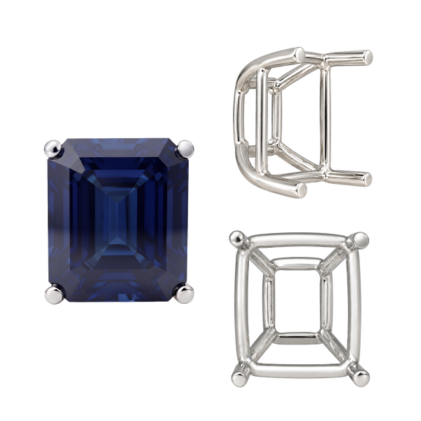 Four Prong Emerald Shape Tapered Base Wire Basket Settings in Sterling Silver (5.00 x 3.50 mm - 14.00 x 13.50 mm)